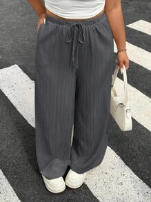 SHEIN EZwear 2 件大码女式休闲纯色抽绳腰斜口袋宽腿宽松裤 - 深灰色 - 查看 3