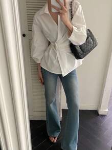 DAZY Áo cánh dài tay cổ xéo ve ôm màu trơn dành cho nữ, thường ngày thanh lịch, mùa thu - trắng - Xem 5