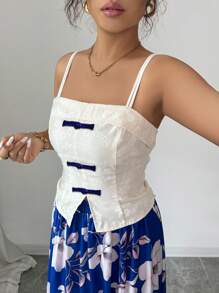 Selianne Women's White And Blue Floral Summer Elegant Tea Party Chic Sleeveless Tank Top & Printed Flare Skirt Two Pieces Set,Retro Resort Lady Outfit - Blue - View 5