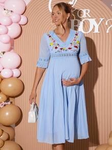 Loomaby 优雅刺绣蕾丝边孕妇装 - 藍色 - 查看 4