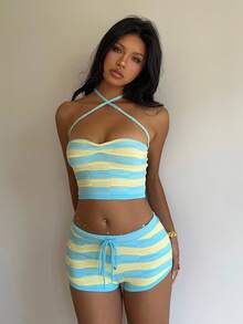 Aloruh Spring/Summer Vacation Halter Neck Tie-Up Ruched Contrast Color Stripe Backless Knit Top - Multicolor - View 7