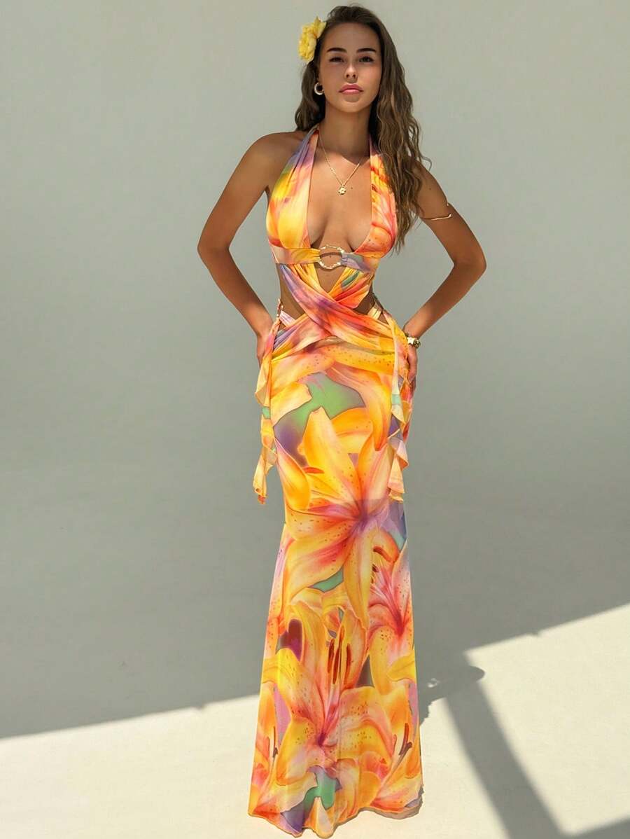 Aloruh Vestido de verano para mujer con espalda cruzada y calada, ajustado y sin espalda para vacaciones