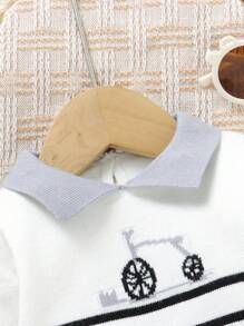 SHEIN 新生婴儿条纹毛衣套装，0-9 个月，休闲时尚风格，黑白灰色，开领，裆部按扣，领子，自行车印花，长袖针织毛衣和裤子 2 件套，柔软舒适，适合日常、外出、旅行、度假、居家、托儿所、儿童玩耍 - 白色 - 查看 7