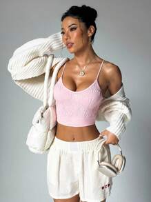 Easithlete 1 件女式深 V 花朵可调节肩带运动背心 - 淺粉色 - 查看 4