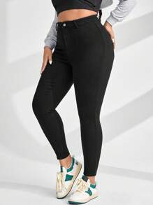 SHEIN CURVE+ Plus Size Cowgirl Stretch Skinny Casual Black 7/8 Jeans, Rodeo - Black - View 4