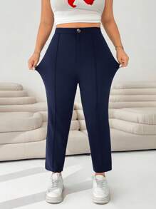 Solflare Plus Size Women Navy Blue Knitted 3/4 Slim Pants Fall - Navy Blue - View 1