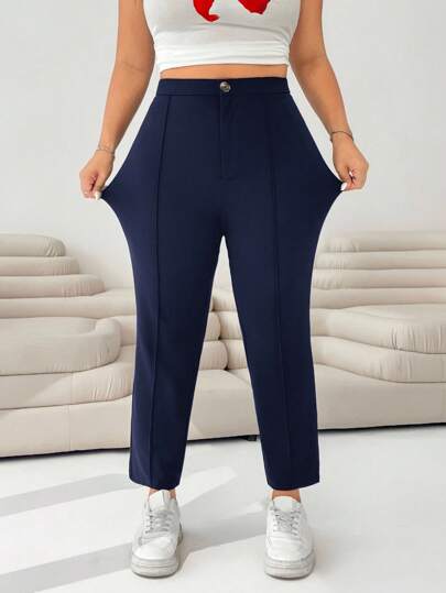Solflare Plus Size Women Navy Blue Knitted 3/4 Slim Pants