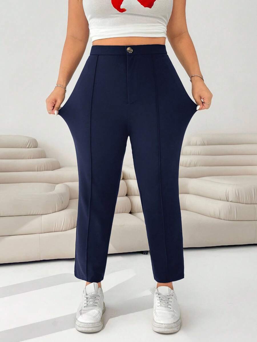 Solflare Plus Size Women Navy Blue Knitted 3/4 Slim Pants Fall - Navy Blue - View 1