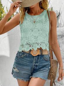 SHEIN Clasi 女士花卉蕾丝圆领无袖时尚衬衫 - 薄荷綠 - 查看 3