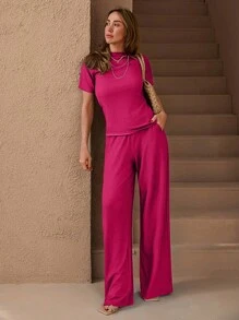 EURMUSE ÁO PHÔNG MÀU TRẮNG KẾT CẤU & QUẦN CO GIÃN CO GIÃN VÒNG EO THẲNG TEXTU BỘ QUẦN - Màu Hồng Tươi - Xem 6