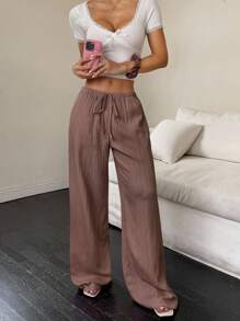 SHEIN Unity Quần ống rộng dáng rộng đơn giản cho nữ, màu trơn có dây rút - Bụi hồng - Xem 5