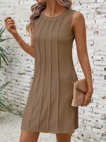 SHEIN LUNE 女士针织无袖圆领休闲连衣裙，春夏 - 卡其色 - 查看 3