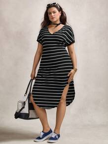 Zelara Plus Size V-Neck Raglan Curved Hem Mid-Length Loose Dresses For Summer Autumn Clothes Back To School School Clothes Homecoming  Teacher Striped