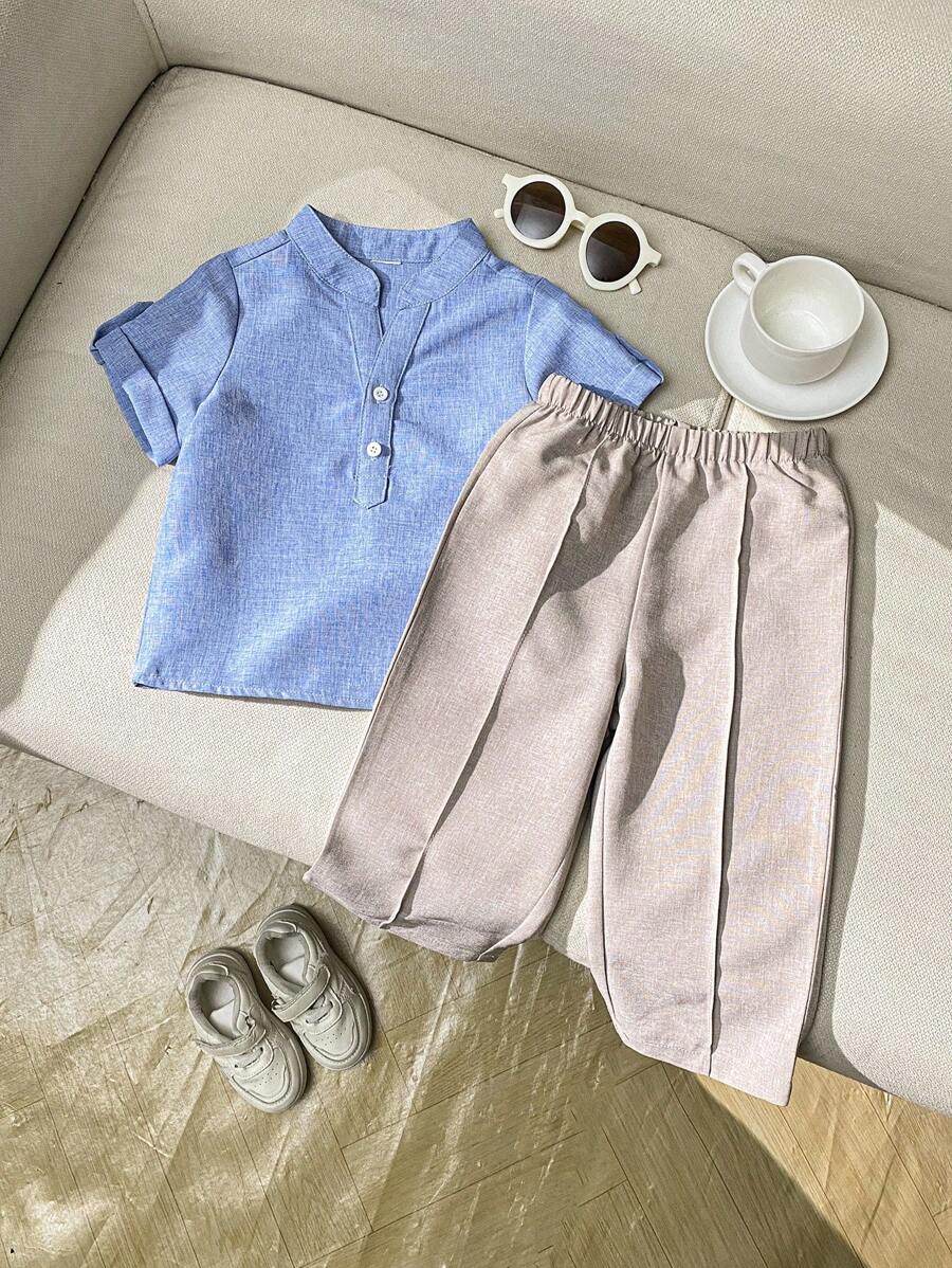 SHEIN 2pcs/Set Baby Boy/Girl Stand Collar Short Sleeve Half-Zip Top And Elastic Waist Long Pants Set - Multicolor - View 1