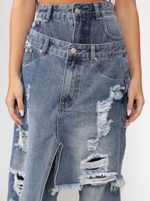 SUMWON Distressed Denim Wide Leg Jeans Baggy Ripped Y2K Double Waistband Frayed Hem Vintage Inspired Festival Streetwear Boyfriend Style Fall Winter - Blue - View 7