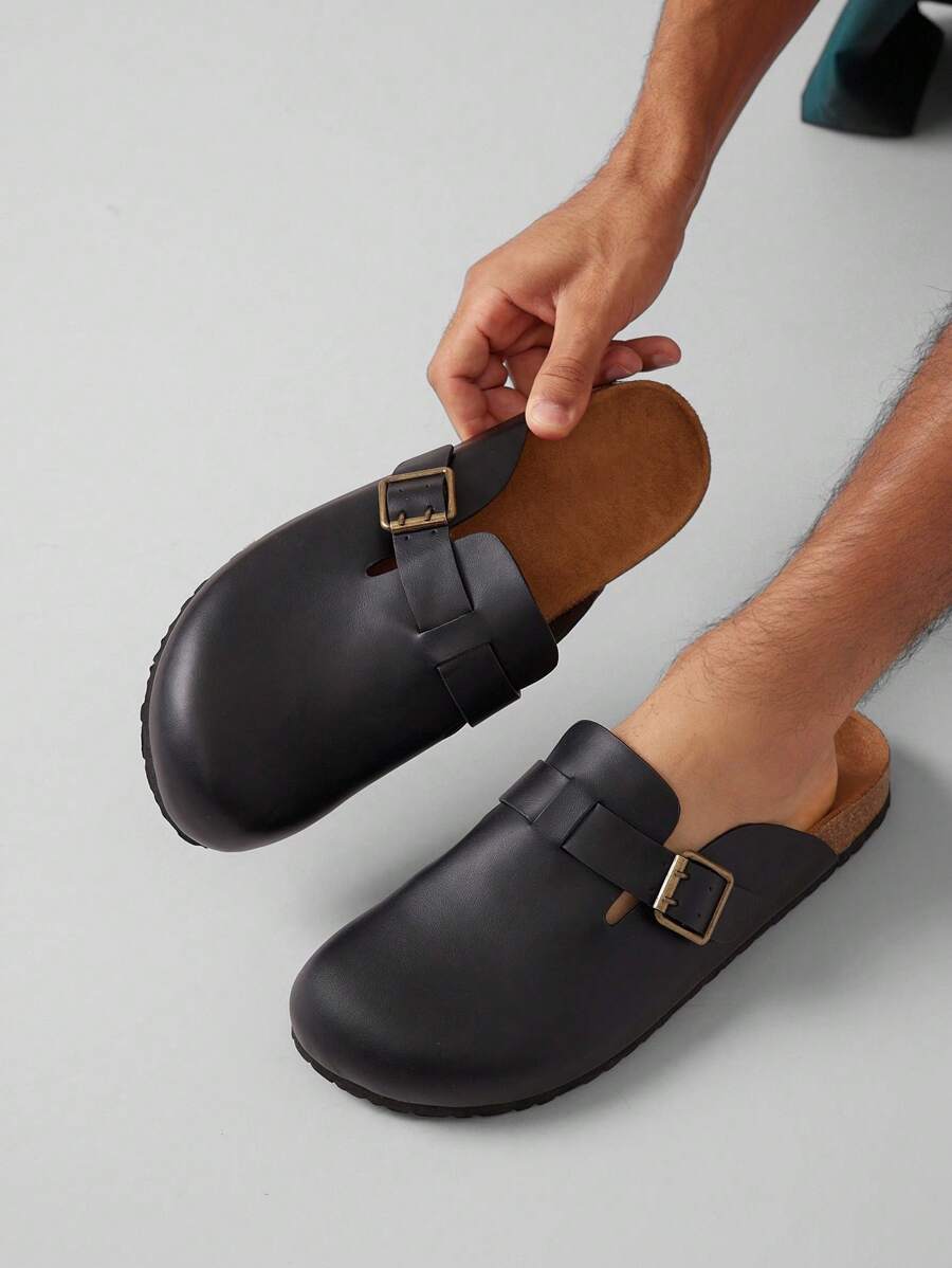 SHUZIA Men's Comfortable Arch Support Buckle Strap Round Toe Cork Footbed Clogs - Black - View 1