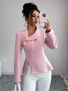 Elenzga Blazer élégant et mode pour femme, style décontracté pour le travail, avec une conception de col asymétrique, manches longues et ouverture sur le côté de la taille, en couleur unie