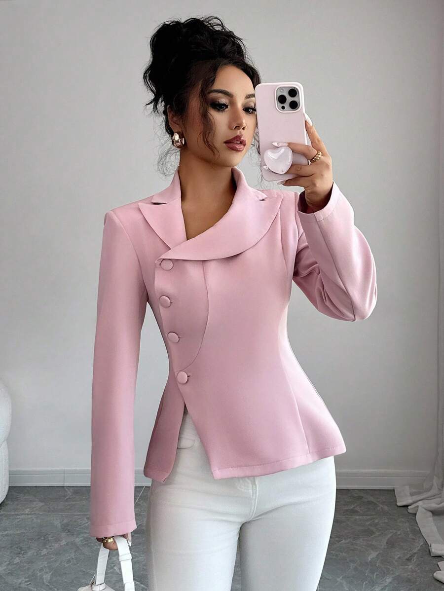 Elenzga Blazer élégant et mode pour femme, style décontracté pour le travail, avec une conception de col asymétrique, manches longues et ouverture sur le côté de la taille, en couleur unie