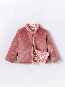 SHEIN Toddler/Newborn Baby Girl 0-3Y Casual Winter Leopard Print + Solid Pink Fluffy Reversible Mock Neck Jacket Fall