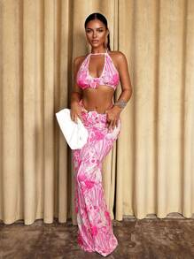 Sirith Summer New Vacation 3D Floral Decor Splicing Design Sexy V-Neck Spaghetti Strap Camisole + Low-Waist Ruched Form-Fitting Mermaid Maxi Skirt 2Pcs Set For Women - Multicolor - View 3