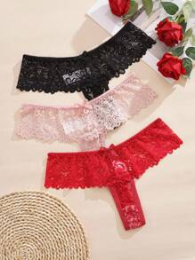 SHEIN 3pcs/Set Sexy Bowknot Lace Thongs - Multicolor - View 6