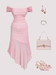 SHEIN MOD 大码女式露肩不对称下摆植绒网眼连衣裙，粉色 - 粉色 - 查看 1