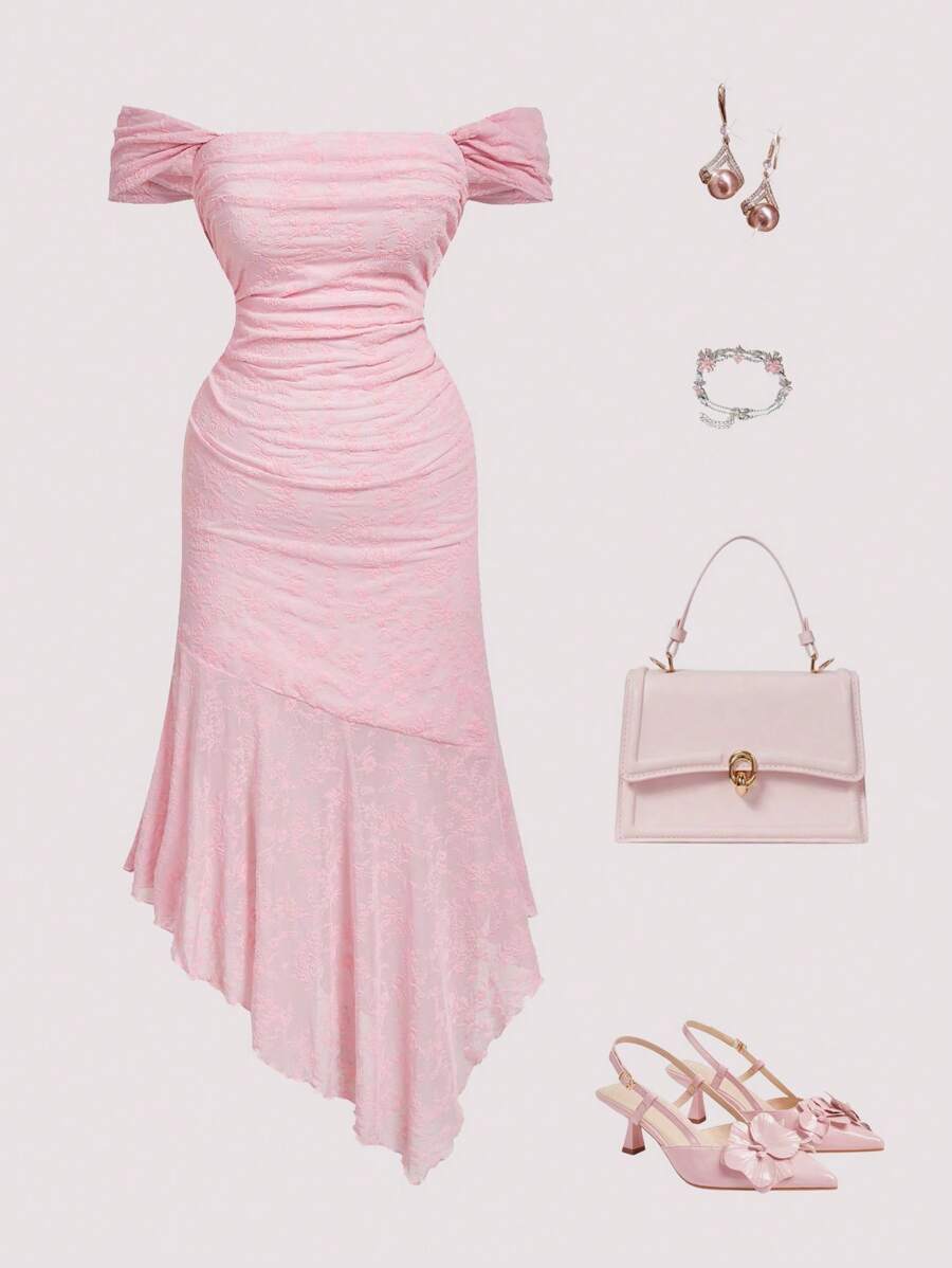 SHEIN MOD 大码女式露肩不对称下摆植绒网眼连衣裙，粉色 - 粉色 - 查看 1