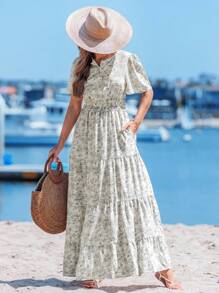 Sylviya 花卉印花双层收腰拼布波西米亚音乐节连衣裙，休闲夏日假期 - 彩色 - 查看 3