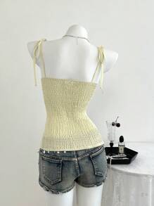 Elamini 休闲格子蕾丝拼接腰带吊带背心，适合年轻女性，春夏季 - 黃色 - 查看 2