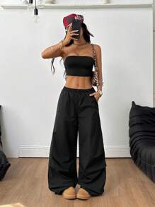 Coolane 女士夏季运动装街头服饰外出简约基本款日常装黑色针织筒形工装裤两件套服装