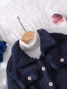 青少年女孩纯色长袖仿毛领夹克 - 藏蓝色 - 查看 3