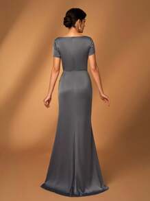 Serin 优雅奢华黑色刺绣蕾丝串珠拼布缎面褶饰美人鱼下摆短袖连衣裙，适合婚礼、派对、度假、庆典、正式场合、新娘母亲礼服 - 黑色 - 查看 4