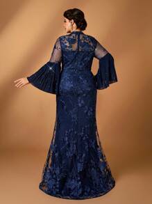 Serin Plus Size Elegant Navy Blue Minimalist Stand Collar Sequins Embellished Chiffon Mesh Splice Long Sleeve Sparkly Crystal Mermaid Hem Blouse, Bridal Mother Outfit - Navy Blue - View 6
