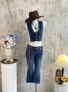 Attitoon 时尚休闲百搭日常修身喇叭腿女式牛仔裤，秋季，秋季女式西部牛仔马术 7 分长紧身喇叭裤，返校，低腰牛仔裤，乡村音乐会，女式西部服饰，街头服饰，游牧风格 - 深色水洗藍 - 查看 3