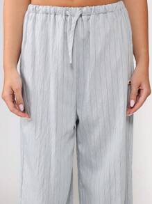 SUMWON 宽松版型细条纹衬衫阔腿裤套装，休闲秋冬春季搭配套装 - 淺藍色 - 查看 7