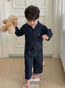 Hapijoa 男婴纯色圆领休闲T恤搭配条纹休闲裤家居服套装，幼儿秋装 - 藏蓝色 - 查看 4