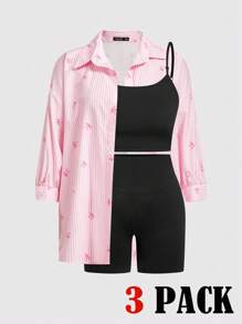 Auralis Plus-Size Women's Summer Three Pieces Set, Casual Sportswear, Fitness Clothing, Loose, Athleisure Comfortable And Highly Elastic Women's Set, Can Be Summer Set - Pink - View 3