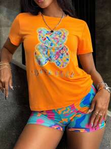 SHEIN Bear Print Short Sleeve Round Neck T-Shirt And Shorts - Orange - View 4