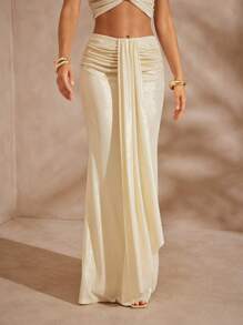 Hauture 性感夏日假期锡箔液体凝胶腰带褶饰美人鱼长裙 - 杏色 - 查看 5