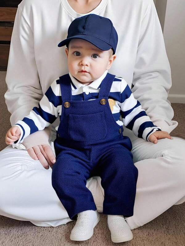 SHEIN Vintaside Kids Set de 2 piezas Camisa polo de manga larga a rayas con bordado de oso y pantalón con tirantes de pana ajustables para niño pequeño, apto para uso diario, escuela, vacaciones, deportes, otoño, de 6 meses a 3 años, ropa para niños