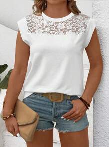Selamara Plus Size Summer Simple Solid Color Lace Spliced Cap Sleeve T-Shirt - Multicolor - View 4