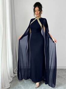 Elenzga 拼色装饰立领优雅蝙蝠袖美人鱼下摆时尚连衣裙，适合派对和宴会，女士长款女装 - 藍色 - 查看 6