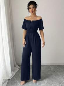 Elenzga 女式夏季新款露肩V领收腰连体裤 - 藏蓝色 - 查看 5