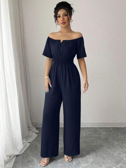 Elenzga Women's Summer New Off Shoulder V-Neck Waist Jumpsuit