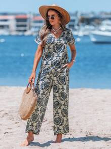 Sylviya 女士復古印花休閒假日上衣和寬褲套裝，附口袋，適用於夏季