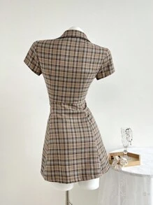 Elamini 女式休闲格子纽扣前迷你连衣裙，夏季 - 彩色 - 查看 2