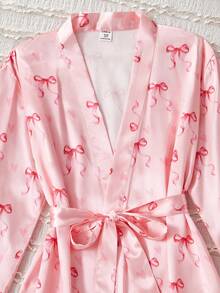 Girls' Minimalist Pink Bow Printed Robe, Spaghetti Strap Shorts & Pants Multi-Piece Pajama Set Sleepwear Set Fall Winter - Multicolor - View 4