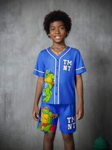 TEENAGE MUTANT NINJA TURTLES | SHEIN Tween Boy Cartoon Turtle & Letter Print Blue Casual V-Neck Short Sleeve T-Shirt And Shorts Set - Multicolor - View 3