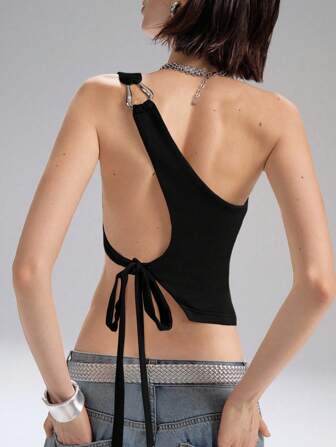 LYSMO 2025 New Arrival Summer Women's Asymmetric Backless One-Shoulder Slim Top With Metal Ring Detail And Side Tie Design. Perfect For Hot Girl Style, Minimalist Daily Wear, And Edgy Casual Fashion