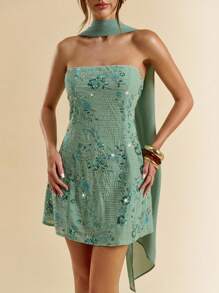 SHEIN BAE 女士串珠刺绣露肩 A 字迷你连衣裙，夏季 - 綠色 - 查看 6
